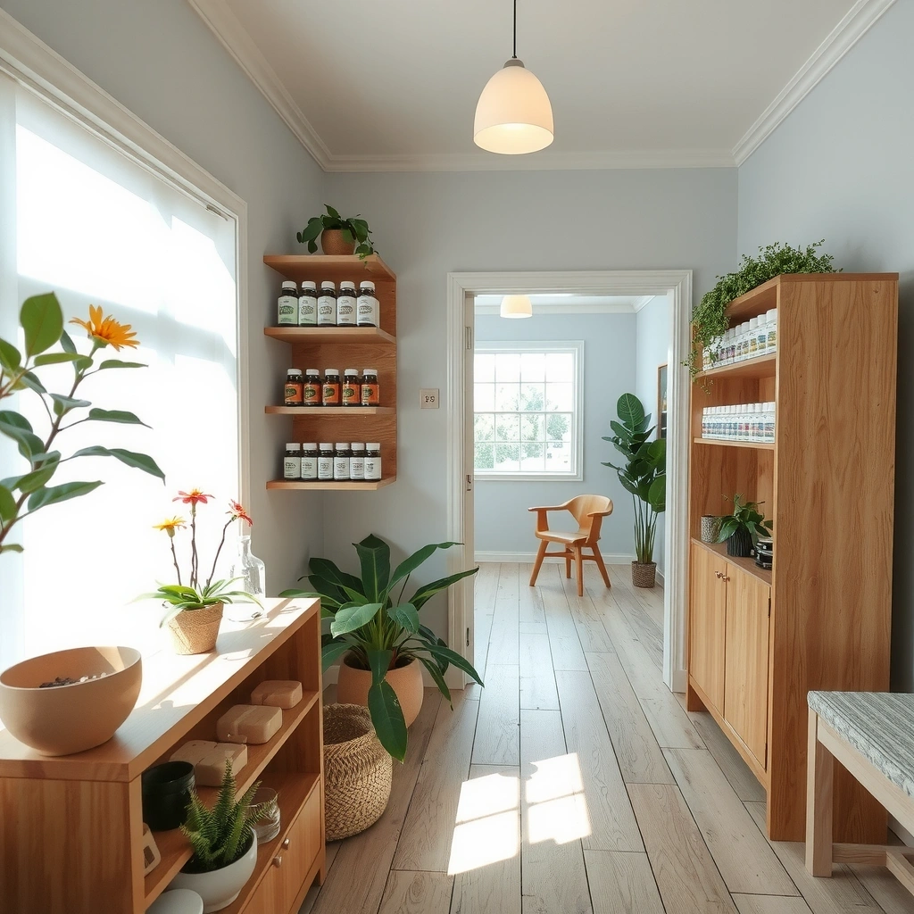 Inside the Natural Wellness UK Edinburgh location showing natural product displays, consultation area, and peaceful atmosphere