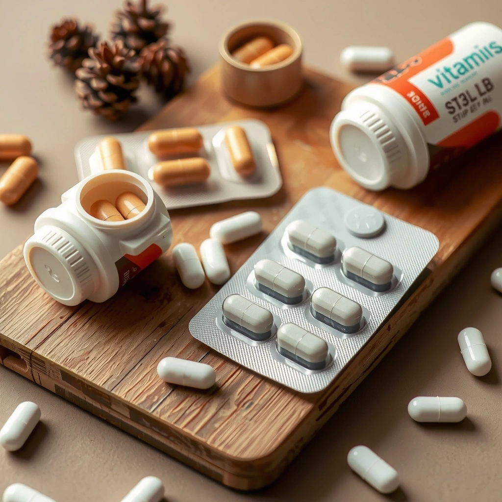 Male multivitamin complex tablets and capsules on natural wooden board