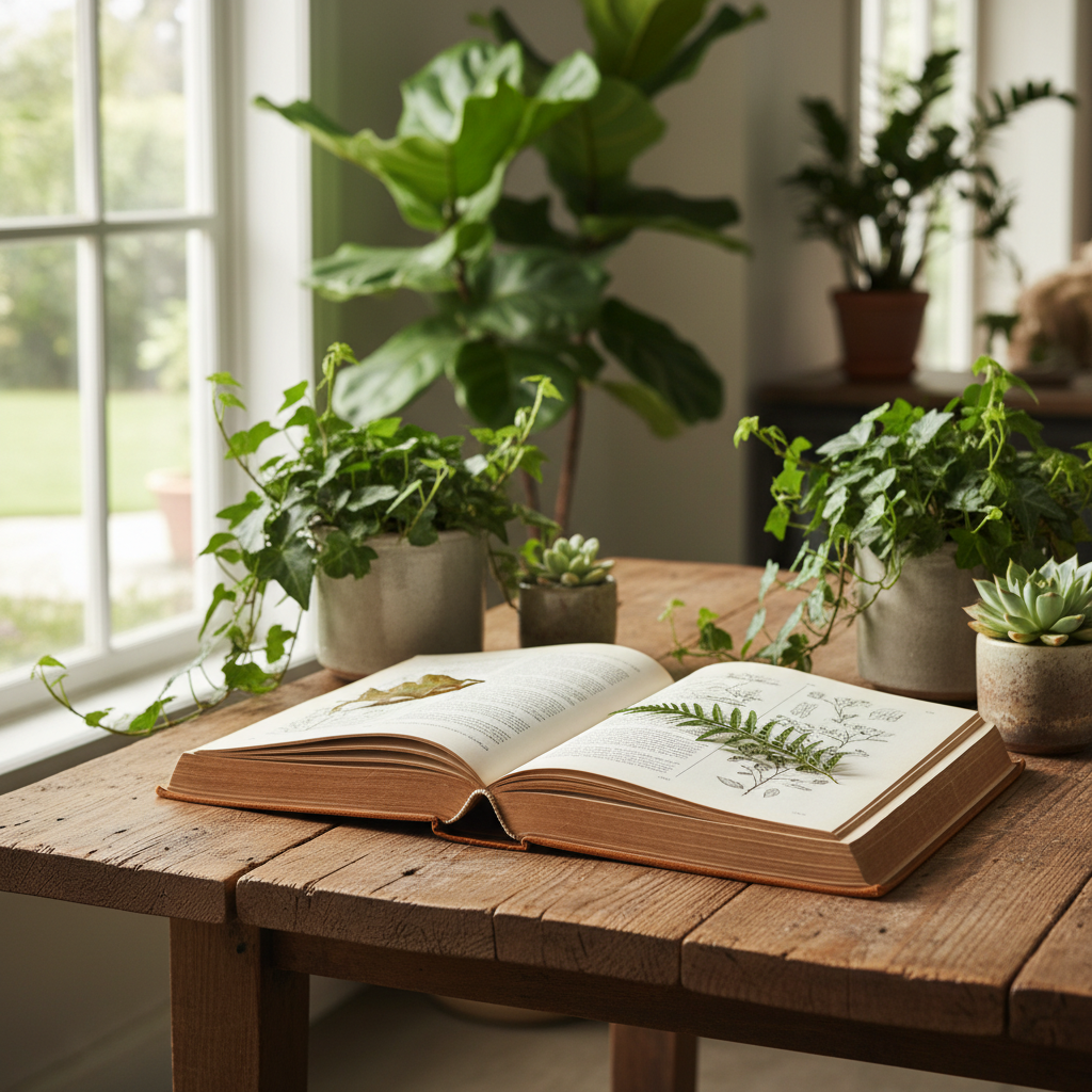 Öppen bok på ett träbord med naturligt dagsljus, omgiven av gröna växter