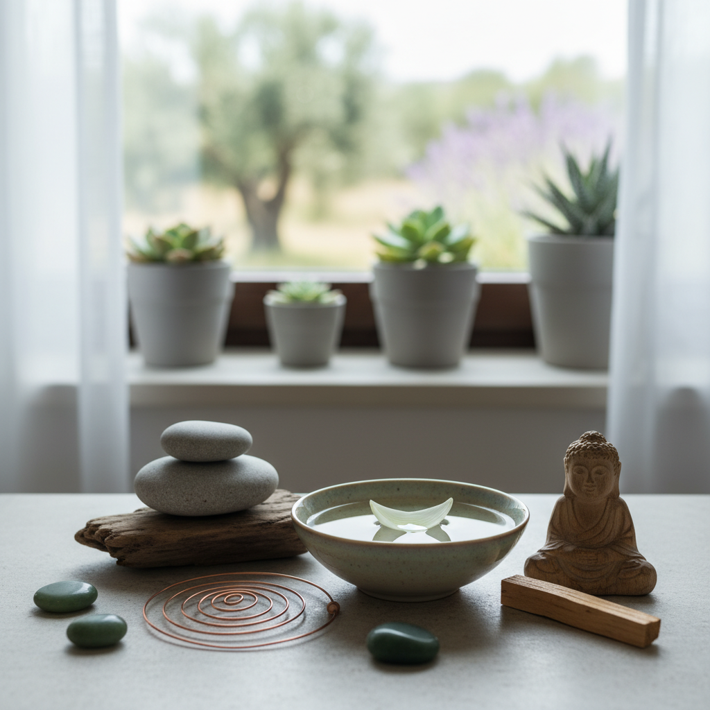 Stilla natur med mjukt ljus som symboliserar balans och medvetenhet