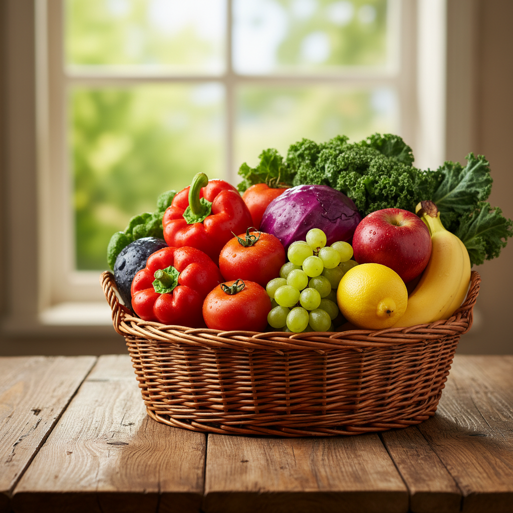 Korg med färska grönsaker och frukt på ett naturligt träbord