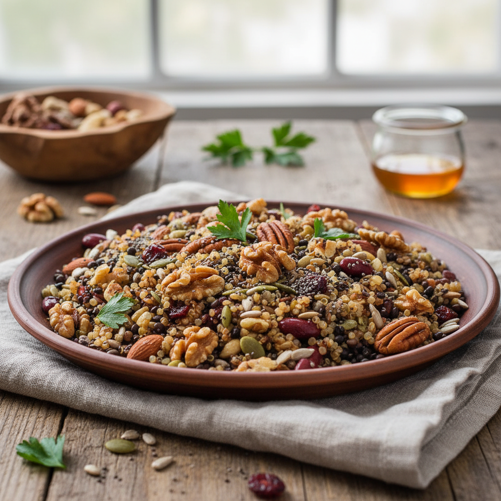 Tallrik med hel spannmål, nötter och frön i naturliga jordnära toner