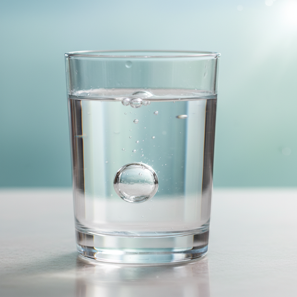 Glas med klart vatten och vattenbubbla som symboliserar hydrering och renlighet
