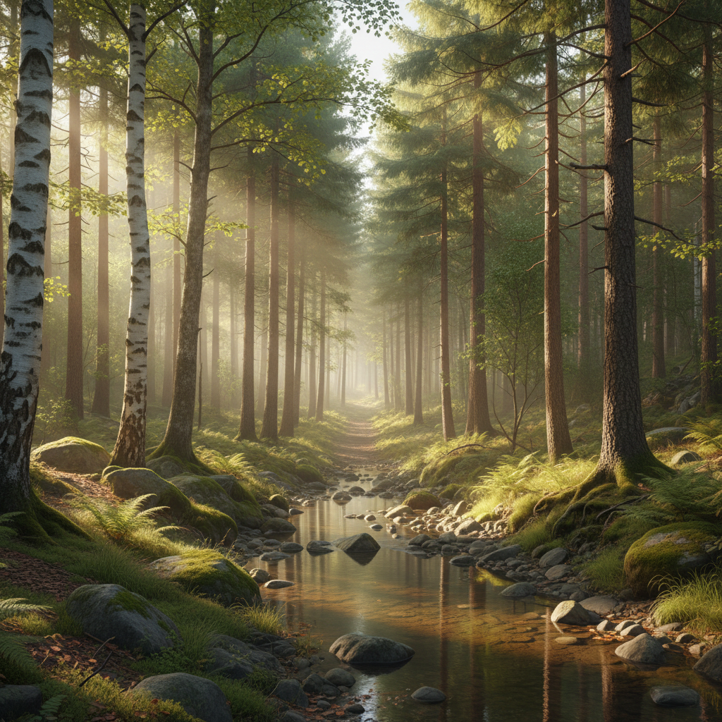 Lugn naturscen med skog och mjukt dagsljus som symboliserar harmoni och medvetenhet